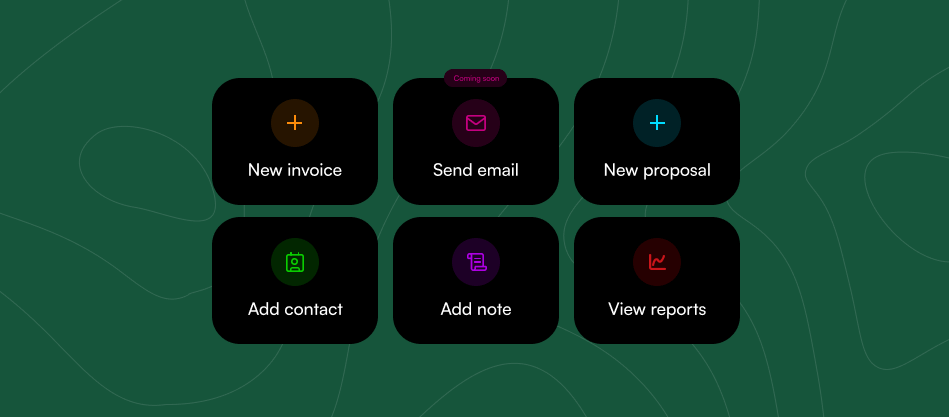 Quick actions grid showing New invoice, Send email (coming soon), New proposal, Add contact, Add note, and View reports buttons