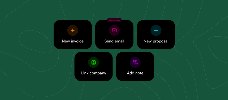Quick actions grid showing New invoice, Send email (coming soon), New proposal, Link company, and Add note buttons