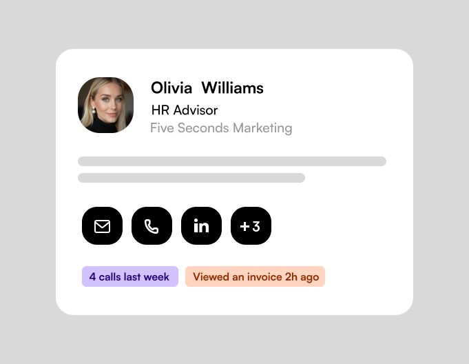 Contact overview for Olivia Williams, HR Advisor at Five Seconds Marketing with email, phone, LinkedIn icons and activity tags showing 4 calls last week and viewed an invoice 2h ago