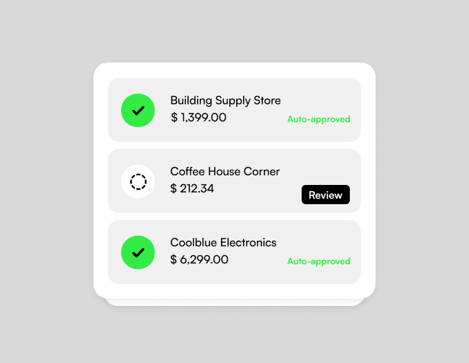 Expense list showing auto-approved items from Building Supply Store and Coolblue Electronics, with Coffee House Corner flagged for review