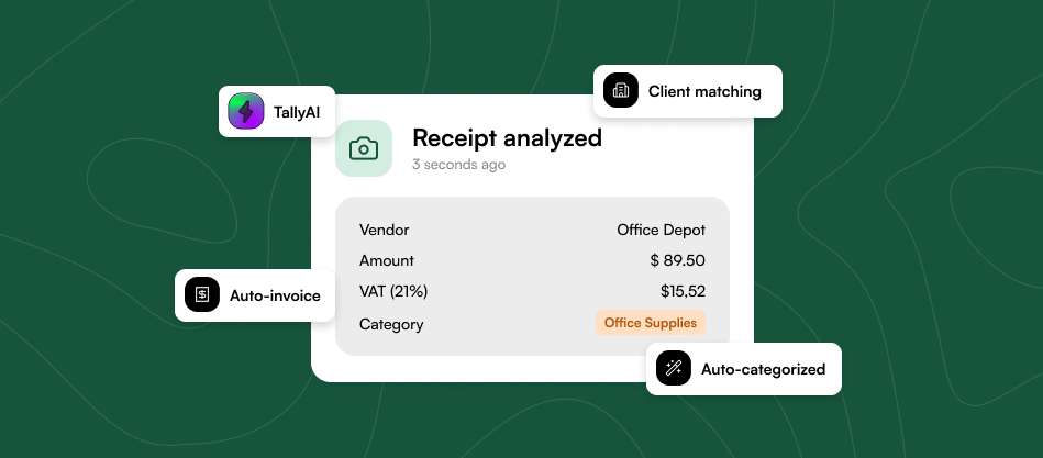 TallyAI analyzing receipt with auto-categorization, client matching, and auto-invoice features