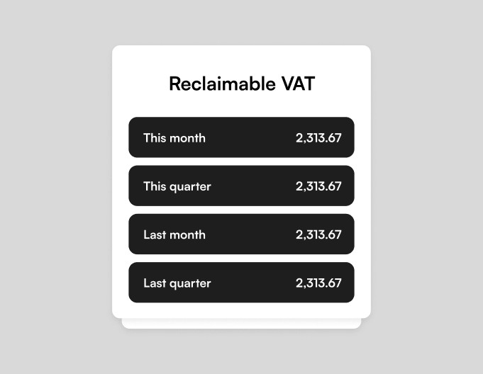 Reclaimable VAT breakdown showing this month, this quarter, last month, and last quarter amounts