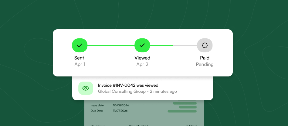 Invoice tracking showing sent, viewed, and paid status with real-time notification when client views invoice