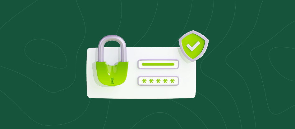 Secure payment processing with padlock, password field, and security shield checkmark