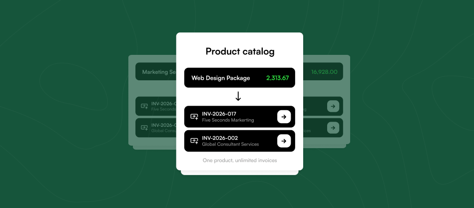 Product catalog showing Web Design Package at $2,313.67 used on multiple invoices for Five Seconds Marketing and Global Consultant Services