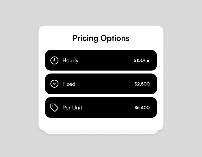 Pricing options showing Hourly at $150/hr, Fixed at $2,500, and Per Unit at $5,400