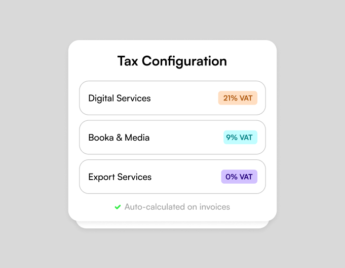 Tax configuration showing Digital Services at 21% VAT, Books & Media at 9% VAT, and Export Services at 0% VAT with auto-calculated on invoices