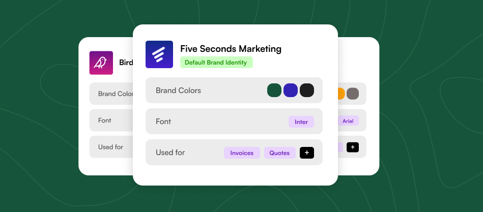 Brand identity settings showing Five Seconds Marketing with brand colors, Inter font, and usage for Invoices and Quotes