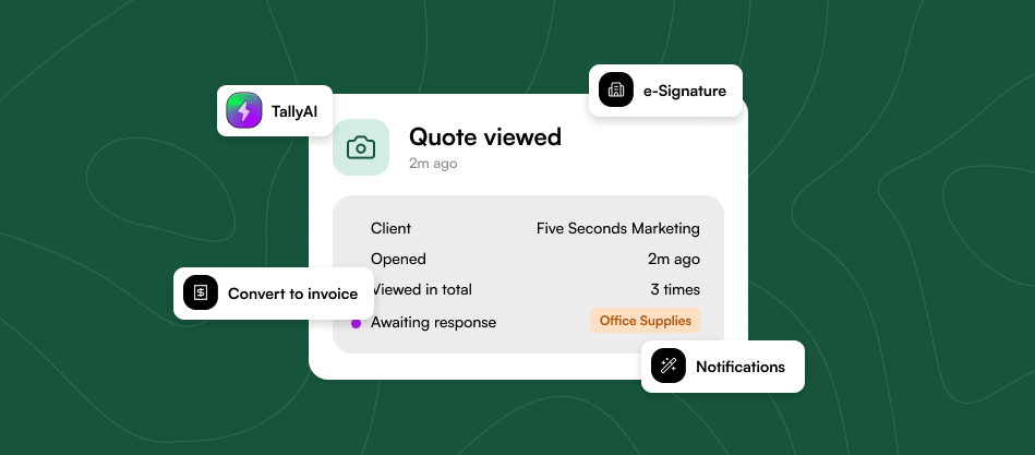 Quote viewed notification showing client opened quote 2 minutes ago, viewed 3 times, with e-Signature, Convert to invoice, and Notifications features