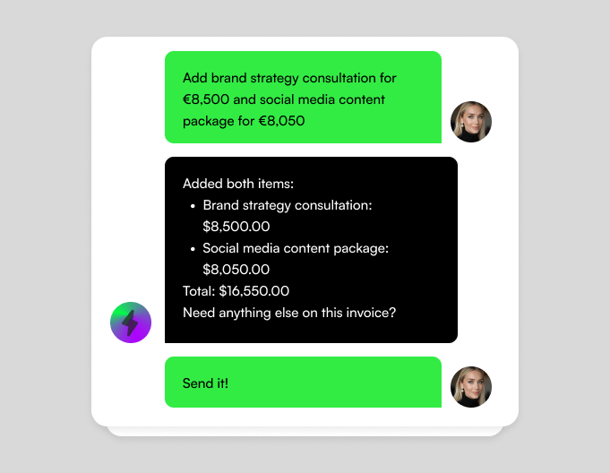 TallyAI chat conversation adding invoice items