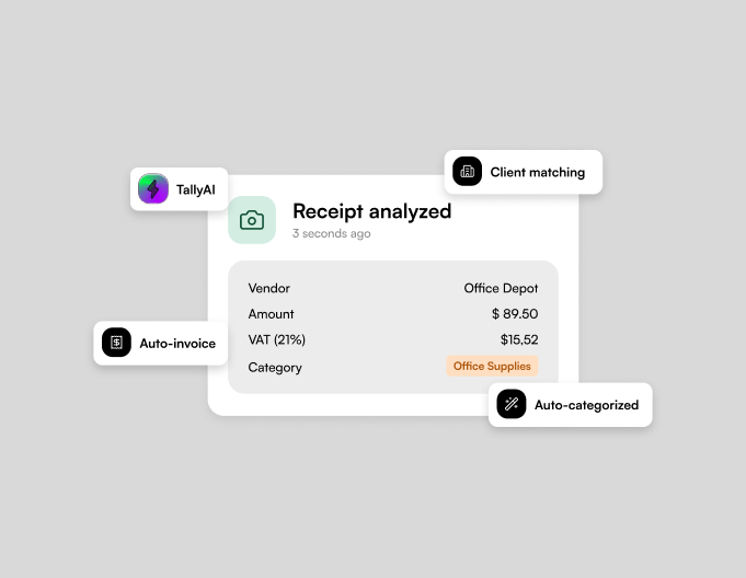 TallyAI analyzing receipt with auto-extraction and confidence scoring